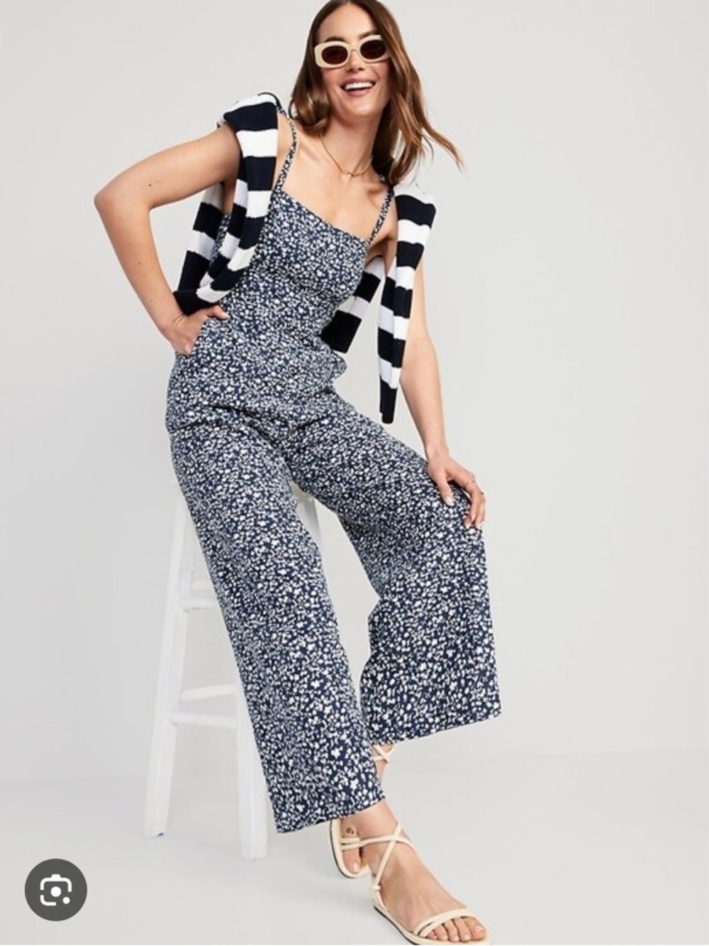 Old Navy Navy Floral Wide-Leg Jumpsuit with Spaghetti Straps